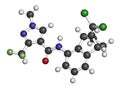Benzovindiflupyr fungicide molecule. 3D rendering. Atoms are represented as spheres with conventional color coding: hydrogen .