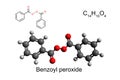 Chemical formula, structural formula and 3D ball-and-stick model of a disinfectant benzoyl peroxide, white background