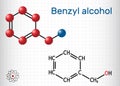 Benzyl alcohol, C7H8O molecule. It is aromatic alcohol, is used as local anesthetic and in perfumes, in cosmetic formulations.