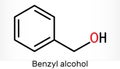 Benzyl alcohol, C7H8O molecule. It is aromatic alcohol, is used as local anesthetic and in perfumes, in cosmetic formulations.