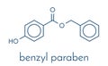 Benzyl paraben preservative molecule. Skeletal formula. Royalty Free Stock Photo