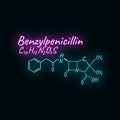 Benzylpenicillin antibiotic chemical formula, composition, concept structural drug, isolated on black background, neon style