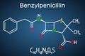 Benzylpenicillin penicillin G drug molecule. It is beta-lactam antibiotic. Structural chemical formula on the dark blue