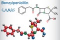 Benzylpenicillin penicillin G drug molecule. It is beta-lactam antibiotic. Structural chemical formula and molecule model