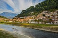 BERAT, ALBANIA: Landscape with views of the Osum River and the old town of Berat.