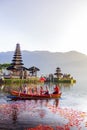 Beratan Lake in Bali Indonesia, June 6 2018 : Balinese villagers participating in traditional religious Hindu procession in Ulun