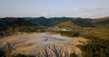 Flying downwards over mud volcanoes and lunar looking landscape