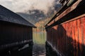 Berchtesgaden, Germany. Boathouses at the Koenigssee
