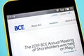 Berdyansk, Ukraine - 14 May 2019: Illustrative Editorial of BCE website homepage. BCE logo visible on the phone screen