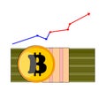 A pack of cash dollar bills, ahead of a yellow coin Bitcoin and a chart scale chart growth