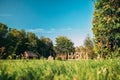 Berezinsky, Biosphere Reserve, Belarus. Traditional Belarusian Tourist Guest Houses In Early Autumn Landscape. Popular