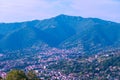 Bergamo - Aerial view of historic medieval walled city of Bergamo seen from CittË Alta (Upper Town), Italy