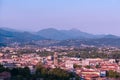 Bergamo - Aerial view of historic medieval walled city of Bergamo seen from CittË Alta (Upper Town), Italy