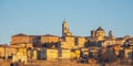 Bergamo, Italy. Amazing landscape at the old town located on the top of the hill. View from the new city downtown at the sunrise Royalty Free Stock Photo