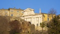 Bergamo, Italy. Amazing landscape at the old town located on the top of the hill. View from the new city downtown at the sunrise Royalty Free Stock Photo