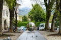 BERGAMO, ITALY - APRIL 2022: City of Bergamo reflected in a mirror surface of modern art object in Bergamo, Italy