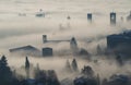 Bergamo, Italy. Drone aerial view of an amazing landscape of the fog rises from the plains and covers the old town Royalty Free Stock Photo