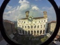 Bergamo. Italy. Landscape at the public library through the Venetian windows of the ancient administration building