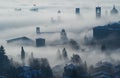 Bergamo, Italy. Lombardy. Amazing landscape of the fog rises from the plains and covers the old town Royalty Free Stock Photo