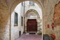 BERGAMO, ITALY - MAY 22, 2019: Entrance to the former church of Mary Magdalene Ex chiesa di Santa Maria Maddalena on the Via