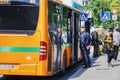 BERGAMO, ITALY - MAY 22, 2019: Officers of Security guard Guardia giurata check tickets at the stop when exiting the bus