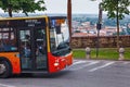 BERGAMO, ITALY - MAY 22, 2019: Public Bergamo bus climbing up the road to the Upper Town Citta Alta