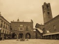 Bergamo, Italy. The old city Citta Alta. Landscape on the old main square, the ancient Administration Headquarter and fountain