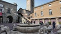 Bergamo, Italy. The Old town. Landscape at the clock tower and the fountain