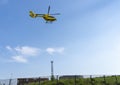 Bergamo, Italy. The rescue helicopter and emergencies in flight. Yellow medical helicopter. Air ambulance. Medical Air Assistance