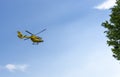 Bergamo, Italy. The rescue helicopter and emergencies in flight. Yellow medical helicopter. Air ambulance. Medical Air Assistance