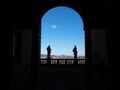 Bergamo, Italy.View of the statues of the Palazzo Terzi at the old town. In the background the lower town