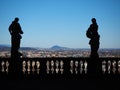 Bergamo, Italy.View of the statues of the Palazzo Terzi at the old town. In the background the lower town