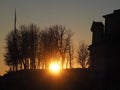 Bergamo, old city. Italy. Fiery sunset during fall season at Saint Giacomo ancient door Royalty Free Stock Photo