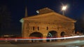 Bergamo, the old city. Landscape on the old gate named San Giacomo door during the evening with trails of headlights Royalty Free Stock Photo