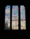 Bergamo, the old town. Landscape at the public library through the Venetian windows of the ancient administration building Royalty Free Stock Photo