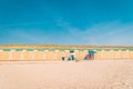 Bergen aan Zee Netherlands beach with blue white beach cottage at the Beach of Bergen aan Zee Holland Royalty Free Stock Photo