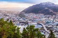 Bergen city centre viewpoint from Mt Floyen at end of winter season of Norway.