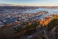 Bergen city and northern fjord view from Mount Floyen in autumn morning Royalty Free Stock Photo
