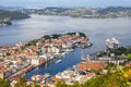 Bergen City, Scenic Aerial View Panorama harbour Cityscape under Dramatic Sky at sunset summer from Top of Mount Floyen Royalty Free Stock Photo