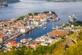 Bergen City, Scenic Aerial View Panorama harbour Cityscape under Dramatic Sky at sunset summer from Top of Mount Floyen Glass Royalty Free Stock Photo