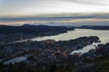 Bergen city view from mount floyen at dusk Royalty Free Stock Photo