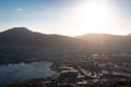 Bergen Cityscape with Sunshine Over Mountains Royalty Free Stock Photo