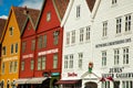 BERGEN, NORWAY - AUGUST 2017: Facades of the colorful wooden houses in Bergen. Famous colored houses and street in Bergen Norway - Royalty Free Stock Photo