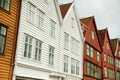 BERGEN, NORWAY - AUGUST 2017: Facades of the colorful wooden houses in Bergen. Famous colored houses and street in Bergen Norway - Royalty Free Stock Photo