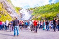 BERGEN, NORWAY, AUGUST 23, 2016: People are watching Kjosfossen waterfall from the flam railway in norway....IMAGE