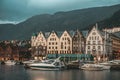 Bergen, Norway - July 30, 2013: Photo of Bergen Waterfront on a rainy evening. The coastline of the port of Bergen