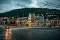 Bergen, Norway - July 30, 2013: Photo of Bergen Waterfront on a rainy evening. The coastline of the port of Bergen