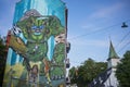 Wall murals add bright color to the city streest of Bergen, Norway