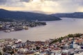 Bergen, Norway - Panoramic city view with Bergen Vagen harbor - Bergen Havn - and historic Bryggen heritage district seen from Royalty Free Stock Photo