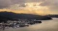 Bergen, Norway - Panoramic city view with Bergen Vagen harbor - Bergen Havn - and historic Bryggen heritage district seen from Royalty Free Stock Photo